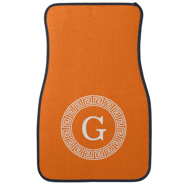 Pumpkin Wht Greek Key Rnd Frame Initial Monogram Car Floor Mat (Front)