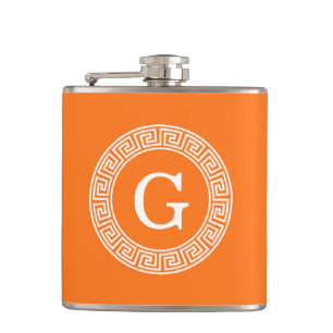 Pumpkin Wht Greek Key Rnd Frame Initial Monogram Flask