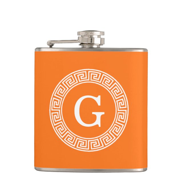 Pumpkin Wht Greek Key Rnd Frame Initial Monogram Flask (Front)