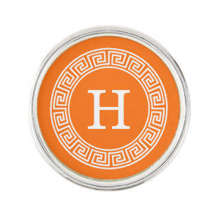 Pumpkin Wht Greek Key Rnd Frame Initial Monogram Lapel Pin