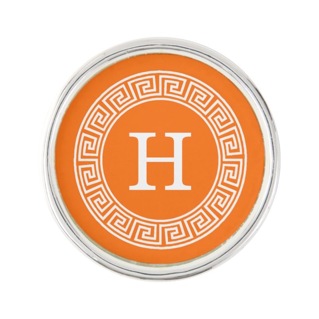 Pumpkin Wht Greek Key Rnd Frame Initial Monogram Lapel Pin (Front)