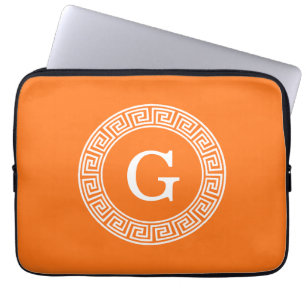 Pumpkin Wht Greek Key Rnd Frame Initial Monogram Laptop Sleeve