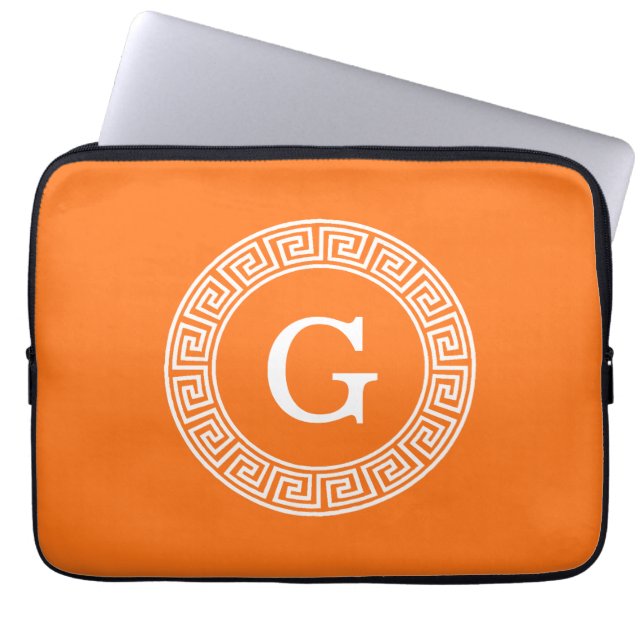 Pumpkin Wht Greek Key Rnd Frame Initial Monogram Laptop Sleeve (Front)