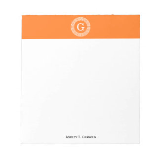 Pumpkin Wht Greek Key Rnd Frame Initial Monogram Notepad
