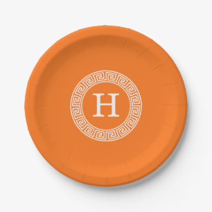 Pumpkin Wht Greek Key Rnd Frame Initial Monogram Paper Plates