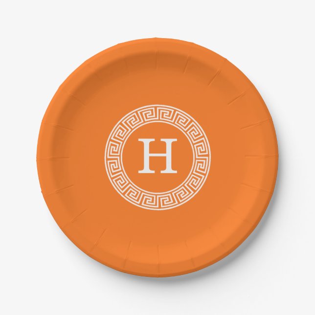 Pumpkin Wht Greek Key Rnd Frame Initial Monogram Paper Plates (Front)