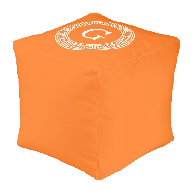 Pumpkin Wht Greek Key Rnd Frame Initial Monogram Pouf (Angled Front)