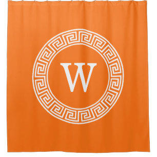 Pumpkin Wht Greek Key Rnd Frame Initial Monogram Shower Curtain