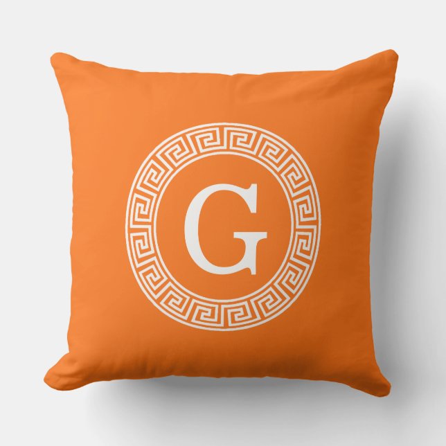 Pumpkin Wht Greek Key Rnd Frame Initial Monogram Throw Pillow (Front)
