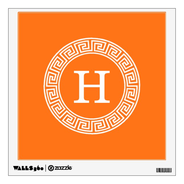 Pumpkin Wht Greek Key Rnd Frame Initial Monogram Wall Sticker (Front)