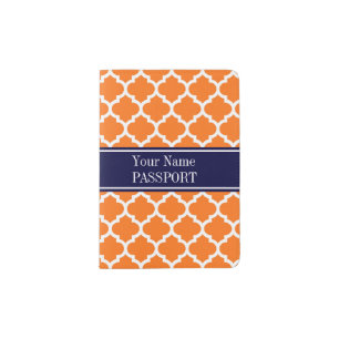 Pumpkin Wht Moroccan #5 Navy Blue Name Monogram Passport Holder