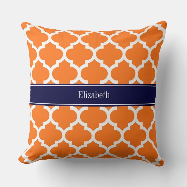Pumpkin Wht Moroccan #5 Navy Blue Name Monogram Throw Pillow (Front)