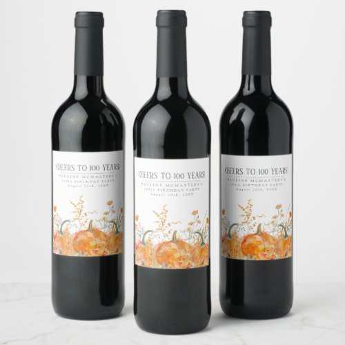 Pumpkin Wildflower 100th Birthday Personalized Wine Label