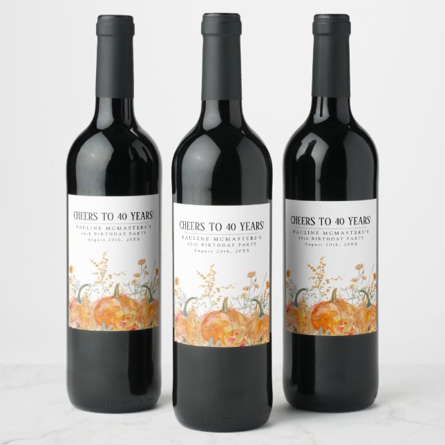 Pumpkin Wildflower 40th Birthday Personalized Wine Label (Bottles)