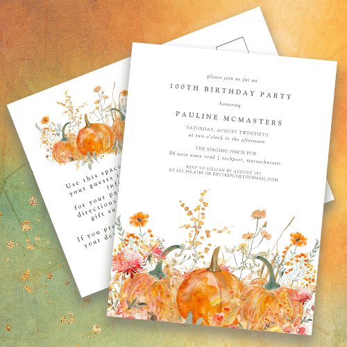Pumpkin Wildflower Fall 100th Birthday Party  Invitation Postcard
