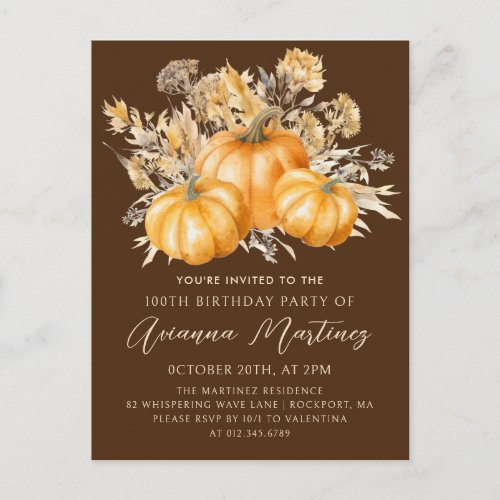 Pumpkin Wildflower Fall 100th Birthday Party  Invitation Postcard