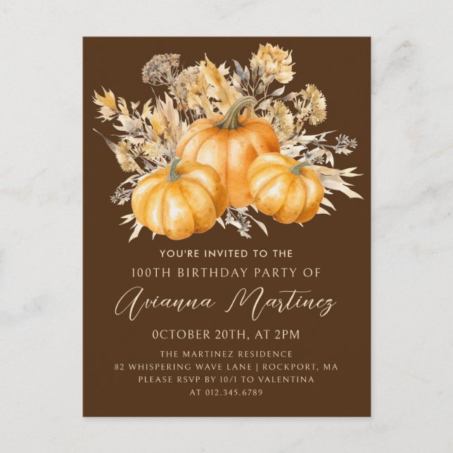 Pumpkin Wildflower Fall 100th Birthday Party  Invitation Postcard (Front)