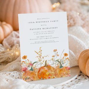 Pumpkin Wildflower Fall Watercolor 100th Birthday  Invitation