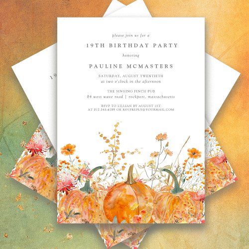 Pumpkin Wildflower Fall Watercolor 19th Birthday Invitation