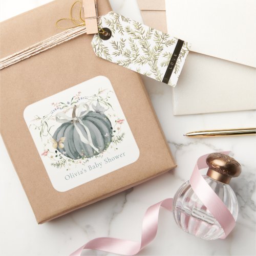 Pumpkin Wildflowers Butterflies Blue Baby Shower Square Sticker