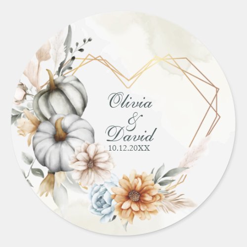 Pumpkin Wildflowers Heart Shape Frame Wedding Classic Round Sticker