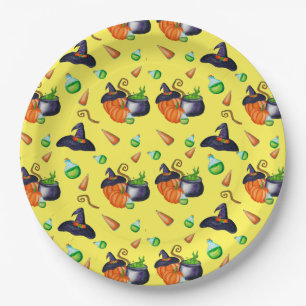 pumpkin witch brew Halloween party supplies yellow Paper Plates