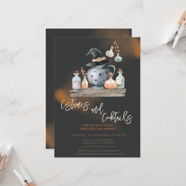 Pumpkin Witch Costumes & Cocktail Black Halloween Invitation (Front/Back In Situ)