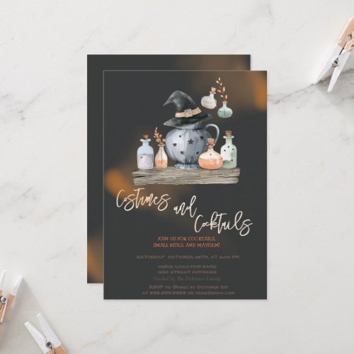 Pumpkin Witch Costumes  Cocktail Black Halloween Invitation