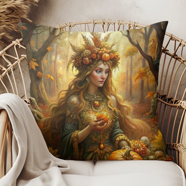Pumpkin Witch Fairy – Cozy Autumn Witchcore Throw Pillow (Pumpkin Witch Fairy – Cozy Autumn Witchcore Throw Pillow in a boho rattan armchair.)