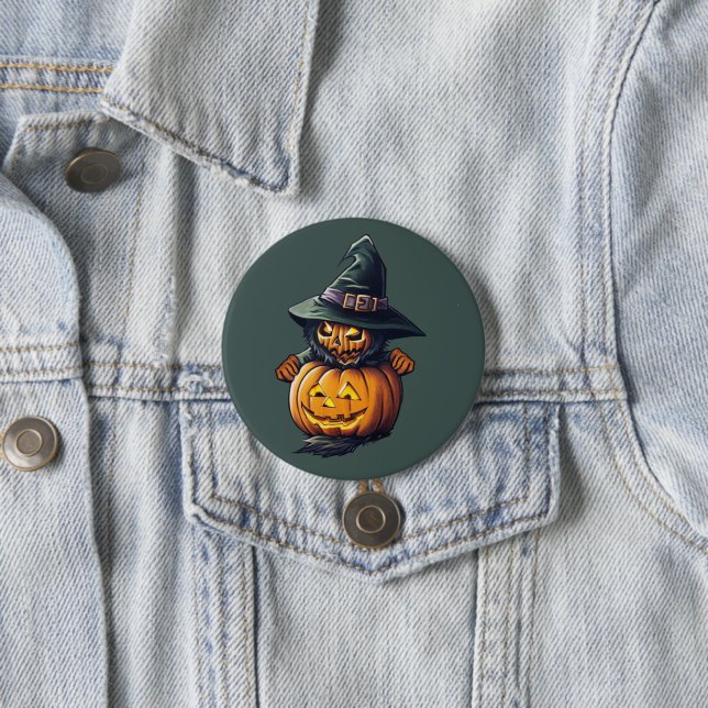 Pumpkin Witch in Cat Costume -  Button (In Situ)