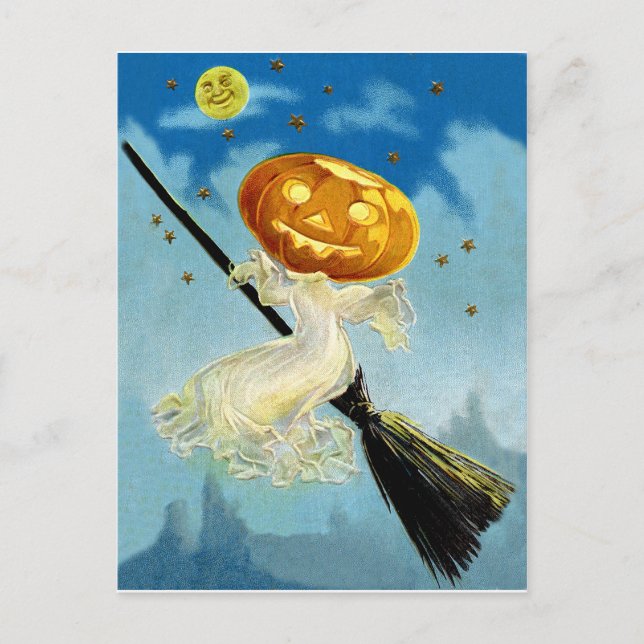 Pumpkin witch is flying on a broom at night postcard (Front)