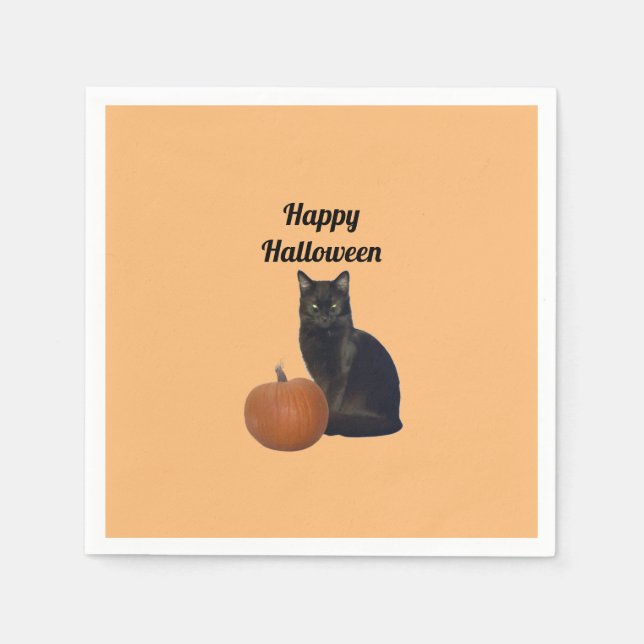 Pumpkin with Black Cat Happy Halloween Orange  Napkins (Front)