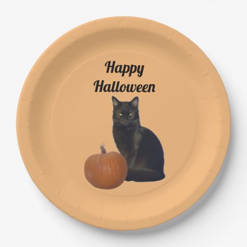 Pumpkin with Black Cat Happy Halloween Orange  Paper Plates