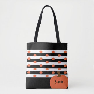 Pumpkin with Black & White Stripes - Personalized  Tote Bag