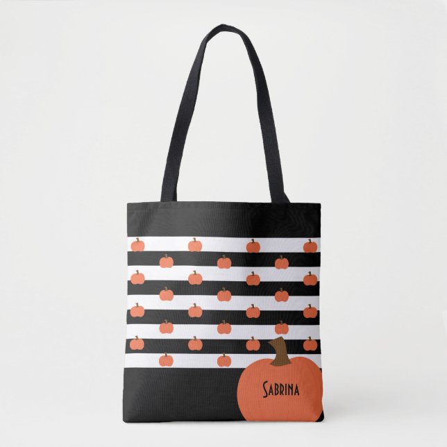Pumpkin with Black & White Stripes - Personalized  Tote Bag (Front)