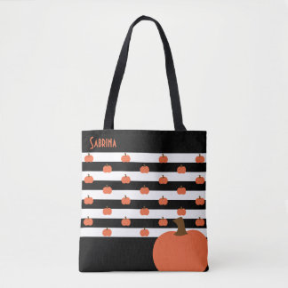Pumpkin with Black & White Stripes - Personalized  Tote Bag