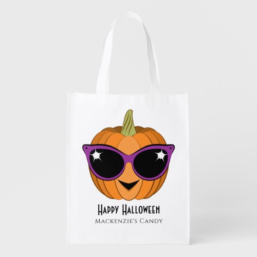 Pumpkin with Cool Retro Cat Sunglasses Halloween Grocery Bag