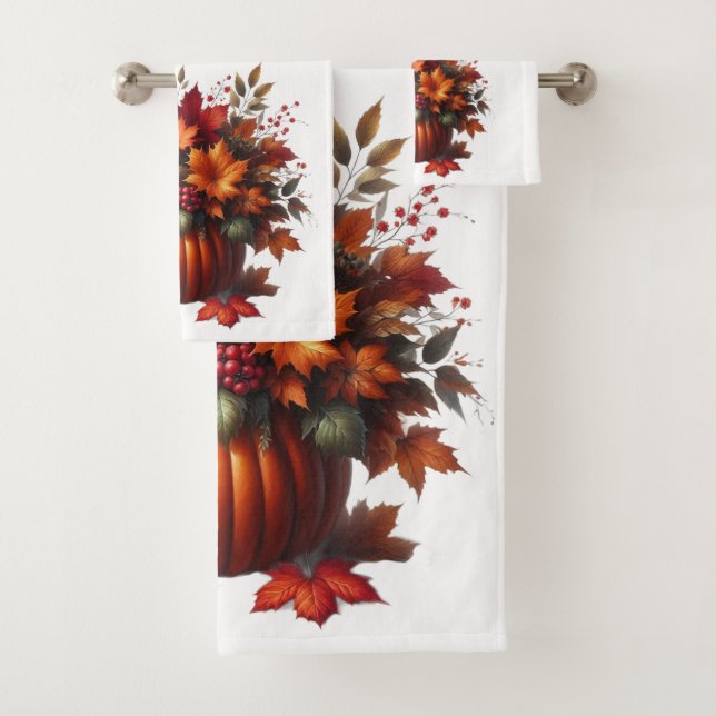 Pumpkin with Fall Leaves-Fall Decor- Bath Towel Set (Insitu)