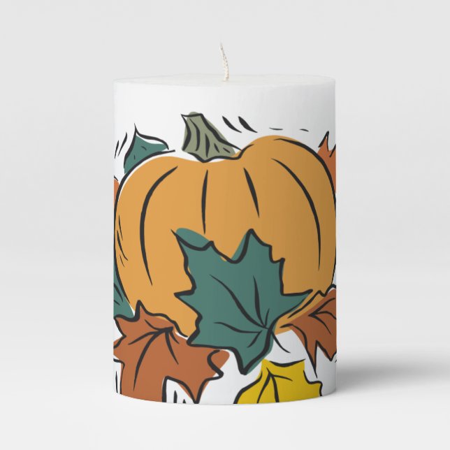 Pumpkin With Fall Leaves Pillar Candle (Front)