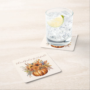 Pumpkin with Flowers-Thankful & Grateful- Square Paper Coaster