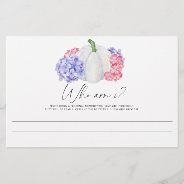 Pumpkin with flowers - Who am I bridal shower game Stationery (Front)