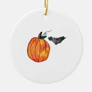 Pumpkin with Gray Bat Ceramic Ornament