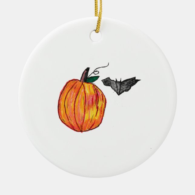Pumpkin with Gray Bat  Ceramic Ornament (Front)