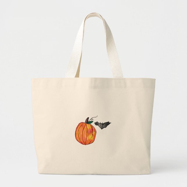 Pumpkin with Gray Bat  Large Tote Bag (Front)
