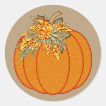 Pumpkin With Orange Autumn Leaves Classic Round Sticker by mrssocolov2 at Zazzle