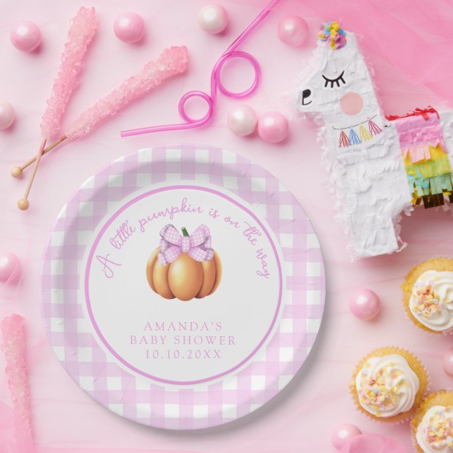 Pumpkin with pink bow in cage baby shower paper plates (Party)