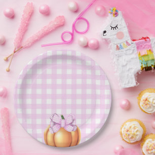 Pumpkin with pink bow in cage baby shower paper plates