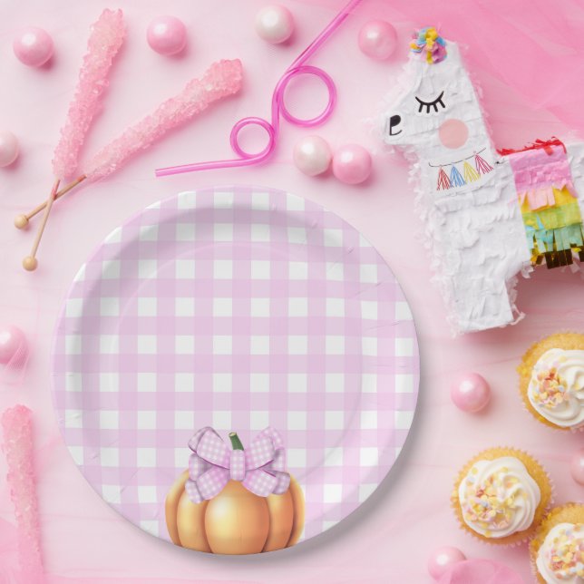 Pumpkin with pink bow in cage baby shower paper plates (Party)