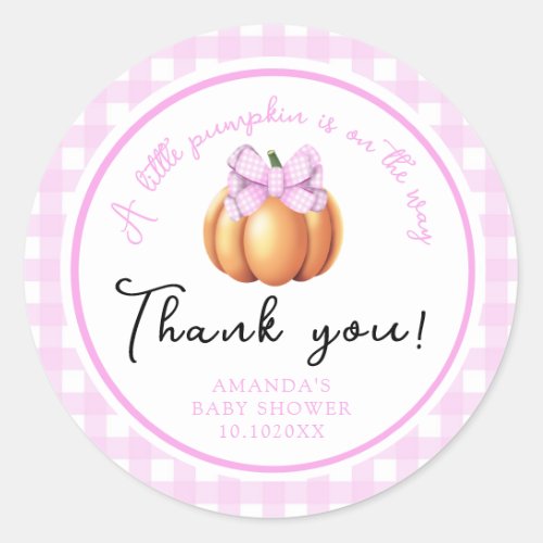 Pumpkin with pink bow thank you baby shower classic round sticker