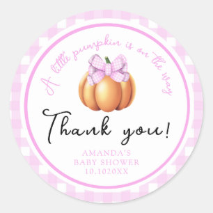 Pumpkin with pink bow thank you baby shower classic round sticker